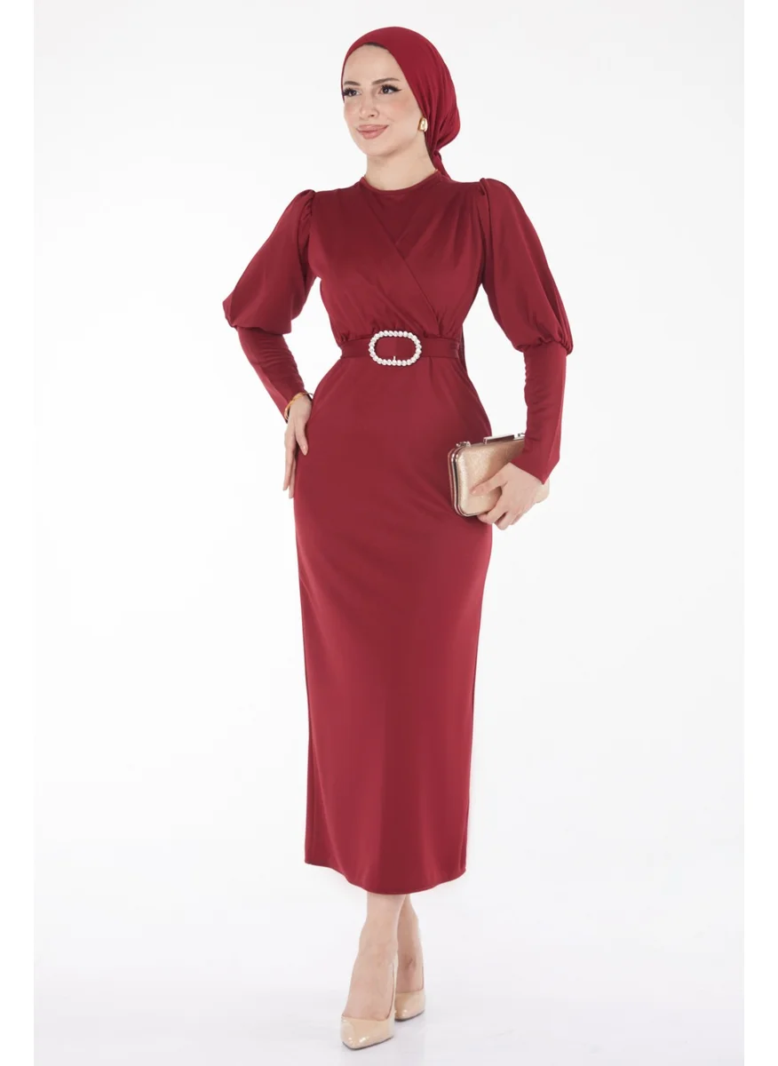 Tofisa Plain Crew Neck Women's Burgundy Dress - 11615