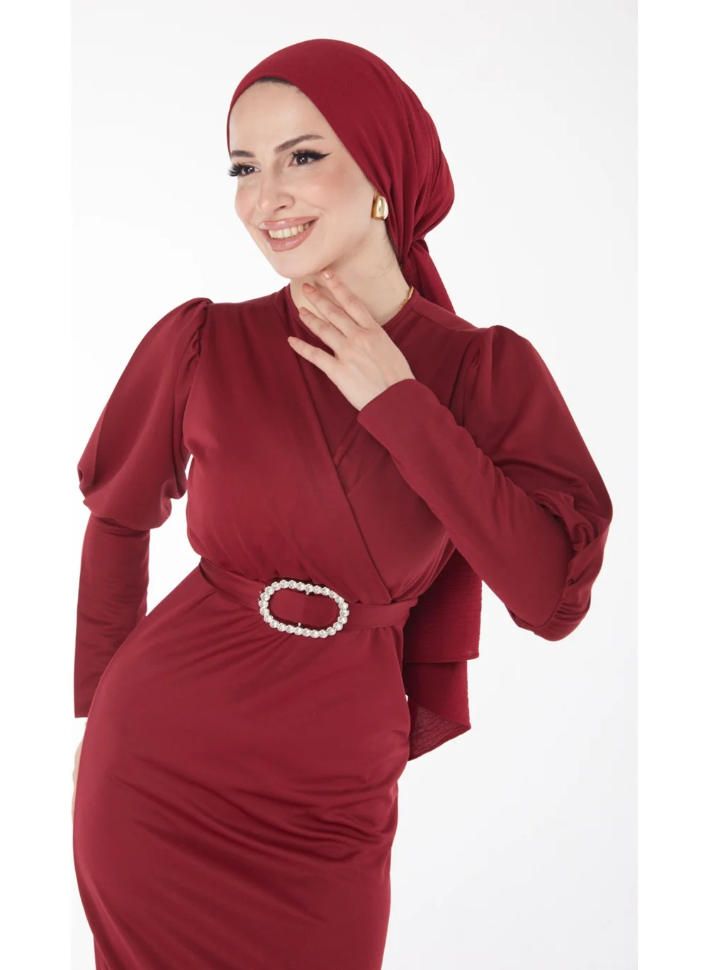 Tofisa Plain Crew Neck Women's Burgundy Dress - 11615