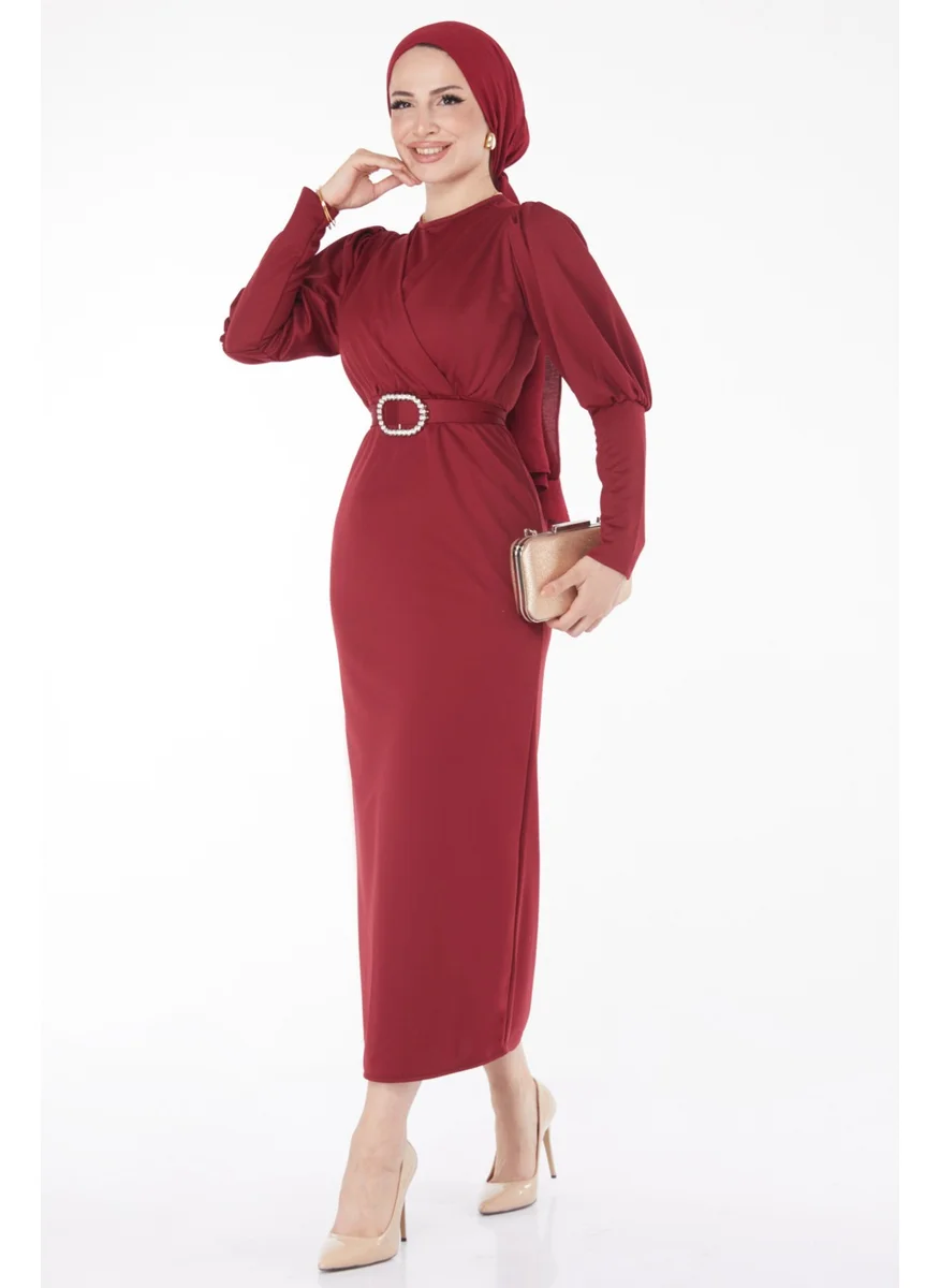 Tofisa Plain Crew Neck Women's Burgundy Dress - 11615