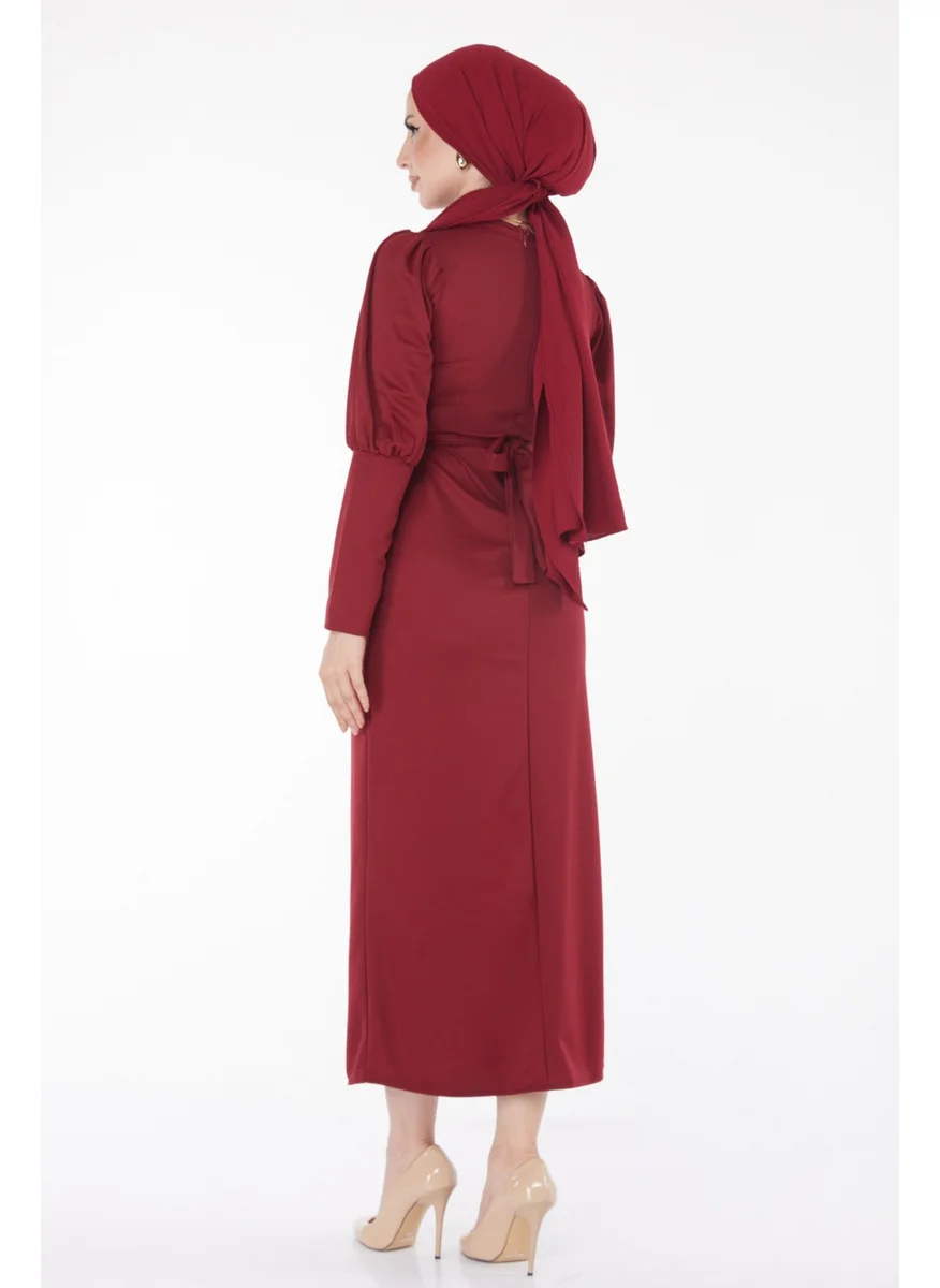 Tofisa Plain Crew Neck Women's Burgundy Dress - 11615