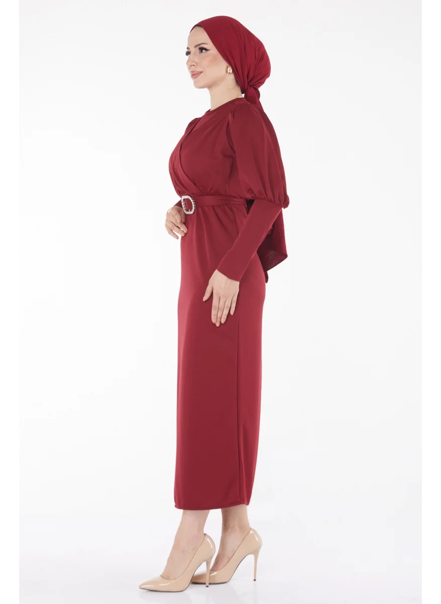 Tofisa Plain Crew Neck Women's Burgundy Dress - 11615
