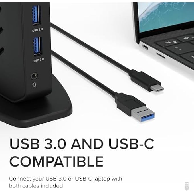 Plugable USB 3.0 AND USB-C DUAL 4K DISPLAY DOCKING STATION WITH DISPLAYPORT AND HDMI FOR WINDOWS AND MAC (DUAL 4K DISPLAYPORT & HDMI, GIGABIT ETHERNET, AUDIO, 6 USB PORTS) VERTICAL - Image 3