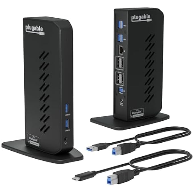 Plugable USB 3.0 AND USB-C DUAL 4K DISPLAY DOCKING STATION WITH DISPLAYPORT AND HDMI FOR WINDOWS AND MAC (DUAL 4K DISPLAYPORT & HDMI, GIGABIT ETHERNET, AUDIO, 6 USB PORTS) VERTICAL - Image 1