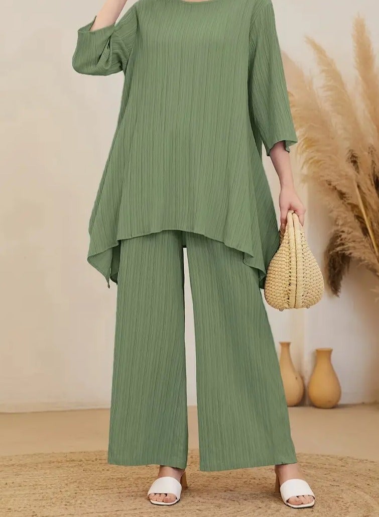 Solid Color Casual Pantsuits, Bracelet Sleeve Crew Neck Top & Wide Leg Pants Outfit  - Image 1