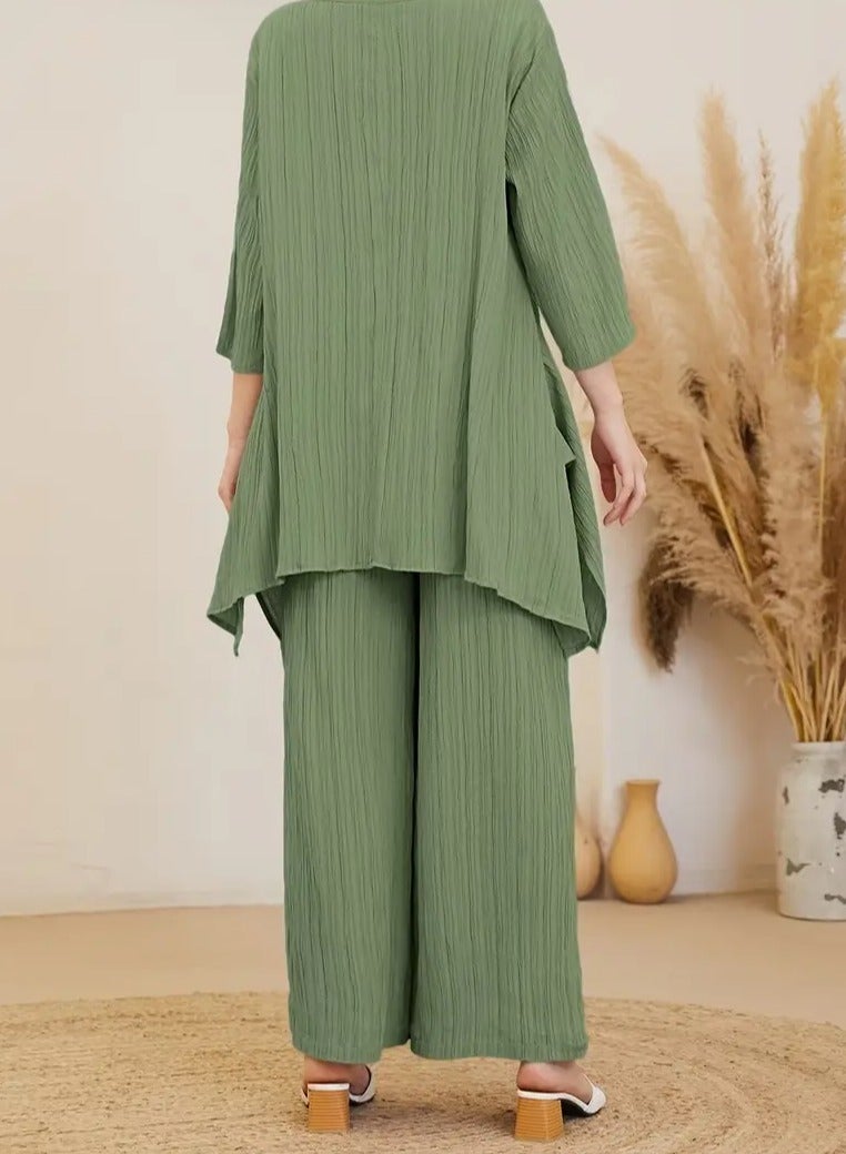 Solid Color Casual Pantsuits, Bracelet Sleeve Crew Neck Top & Wide Leg Pants Outfit  - Image 3