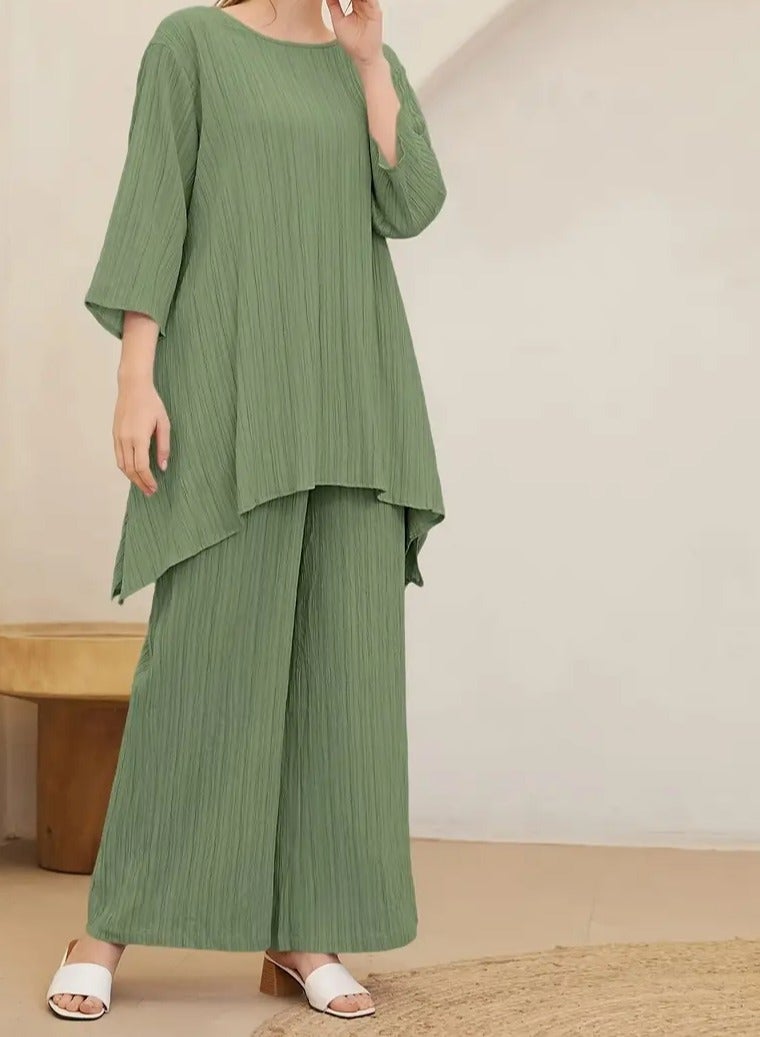 Solid Color Casual Pantsuits, Bracelet Sleeve Crew Neck Top & Wide Leg Pants Outfit  - Image 4