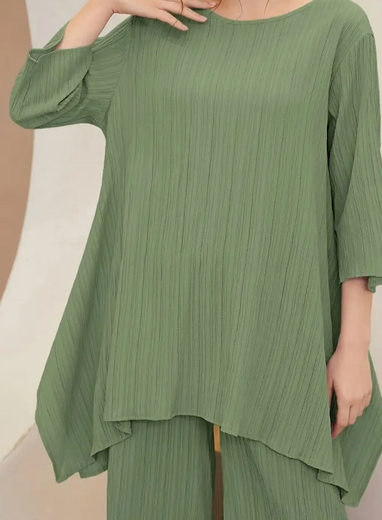 Solid Color Casual Pantsuits, Bracelet Sleeve Crew Neck Top & Wide Leg Pants Outfit  - Image 5