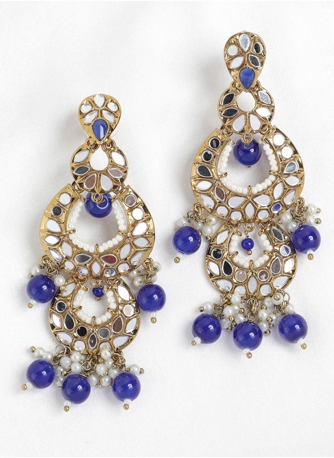 ISHIN Gold-Toned & Blue Contemporary Chandbalis Earrings  - Image 4