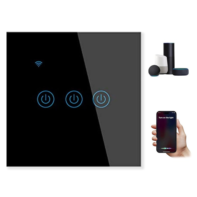 Makayuron WiFi Smart Wall Light Switch, Wireless Switches, No Neutral Wire Required, Compatible with Alexa and Google Home, APP Remote Control Touch Switch, No Hub Required, Voice Control (3 Gang, Black) - Image 1