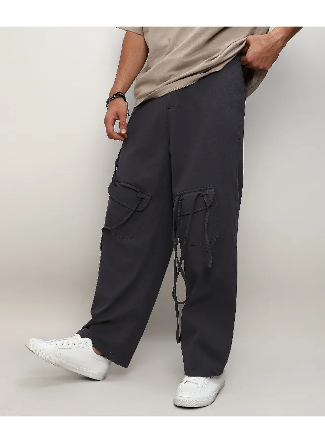 Campus Sutra Men's Dark Grey Solid Cargo Trousers