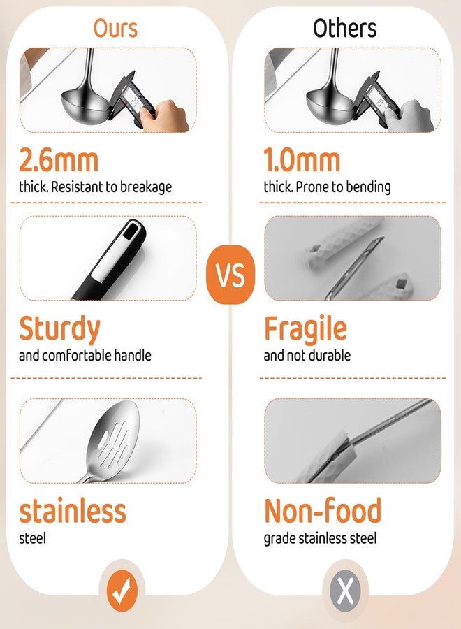 هابي كيت طقم ملاعق طبخ من الفولاذ المقاوم للصدأ، ملاعق تقديم كبيرة من الفولاذ المقاوم للصدأ مع مغرفة شوربة، ملعقة صلبة وملعقة مثقبة، طقم ملاعق طبخ معدنية سميكة من 3 قطع للتقديم والطبخ في المطبخ - Image 3