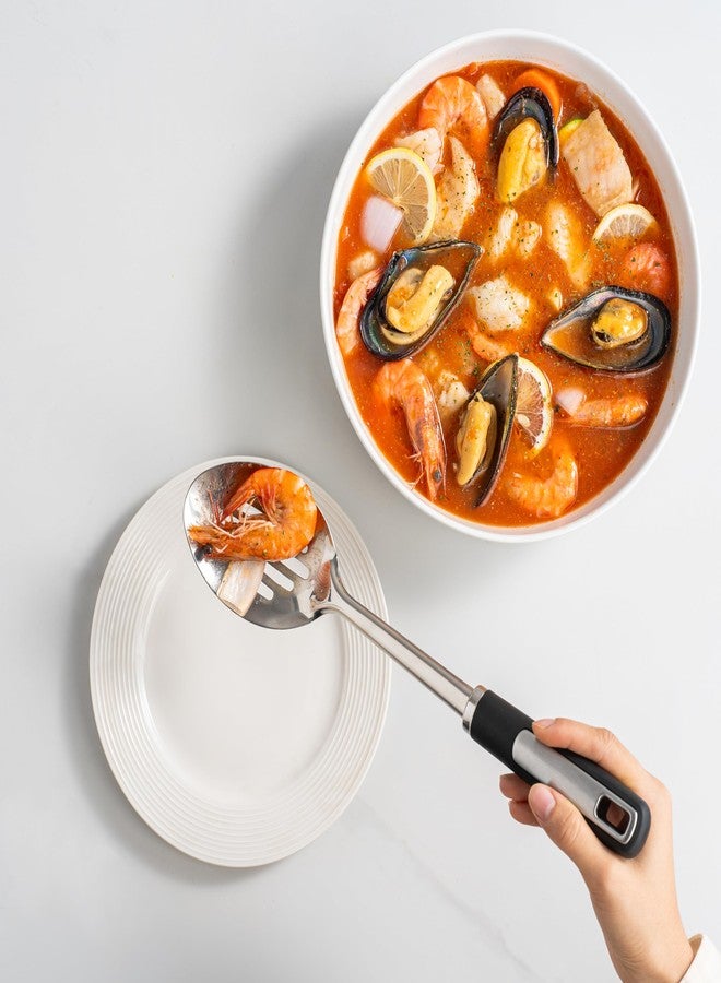 هابي كيت طقم ملاعق طبخ من الفولاذ المقاوم للصدأ، ملاعق تقديم كبيرة من الفولاذ المقاوم للصدأ مع مغرفة شوربة، ملعقة صلبة وملعقة مثقبة، طقم ملاعق طبخ معدنية سميكة من 3 قطع للتقديم والطبخ في المطبخ - Image 5