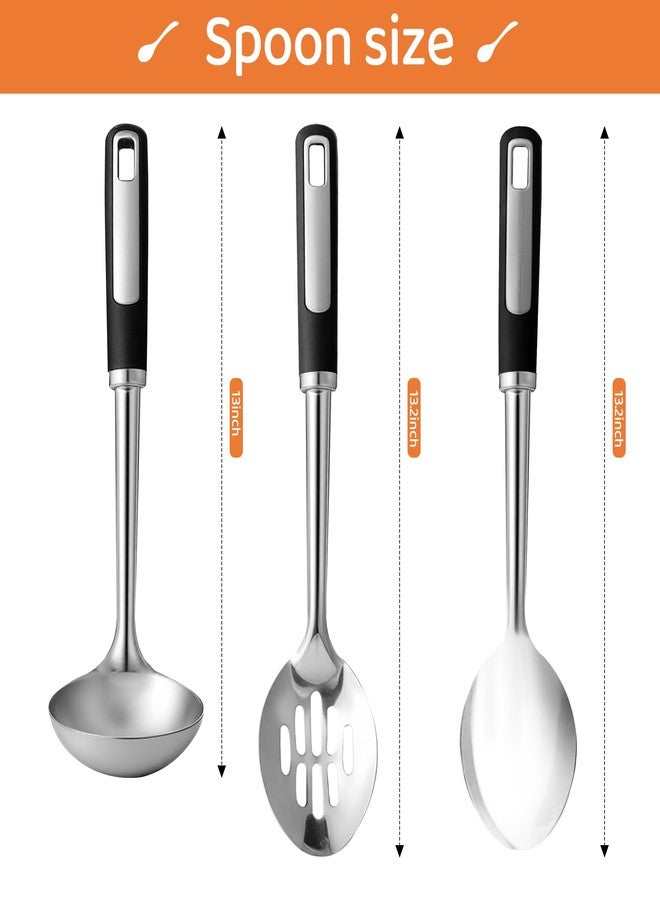 هابي كيت طقم ملاعق طبخ من الفولاذ المقاوم للصدأ، ملاعق تقديم كبيرة من الفولاذ المقاوم للصدأ مع مغرفة شوربة، ملعقة صلبة وملعقة مثقبة، طقم ملاعق طبخ معدنية سميكة من 3 قطع للتقديم والطبخ في المطبخ - Image 2