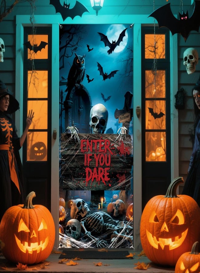 REDWORD Halloween Door Cover, 79 * 35inch Scary Graveyard Halloween Door Decorations Horrie Graveyard Doors Sign Banner for Halloweens Haunted House Pops Indoor Outdoor Window Wall Party Decor - Image 1