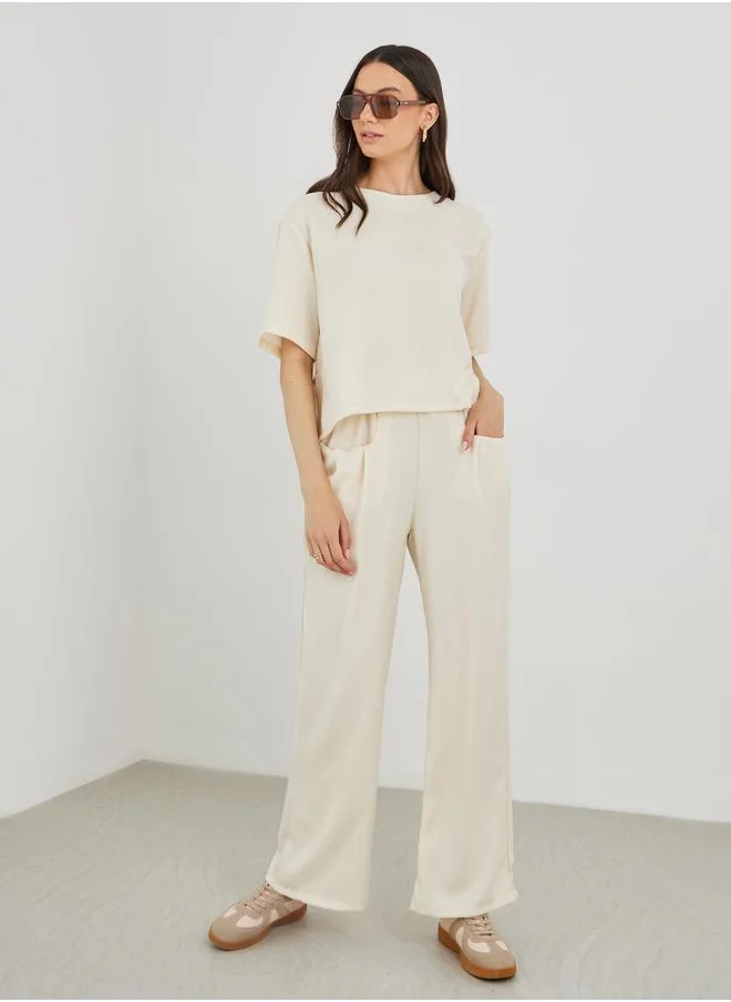 تايك تو Take Two Solid Short Sleeve Top and Loose Fit Pants Co-Ords