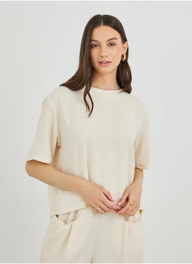 تايك تو Take Two Solid Short Sleeve Top and Loose Fit Pants Co-Ords