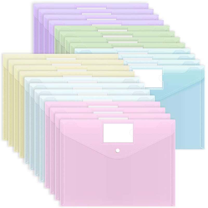 EOOUT 24 Pack Plastic Envelopes Plastic File Folders, Poly Folders with Snap Closure, A4 Size File Envelopes with Label Pocket for Documents School Office Supplies - Image 1