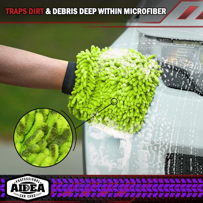 AIDEA Car Wash Mitt Microfiber, 2PK Scratch Free Lint-Free, Premium Chenille Microfiber Mitt Car Wash Brush, Green, Regular Size 7.12''X10.14'' - Image 5