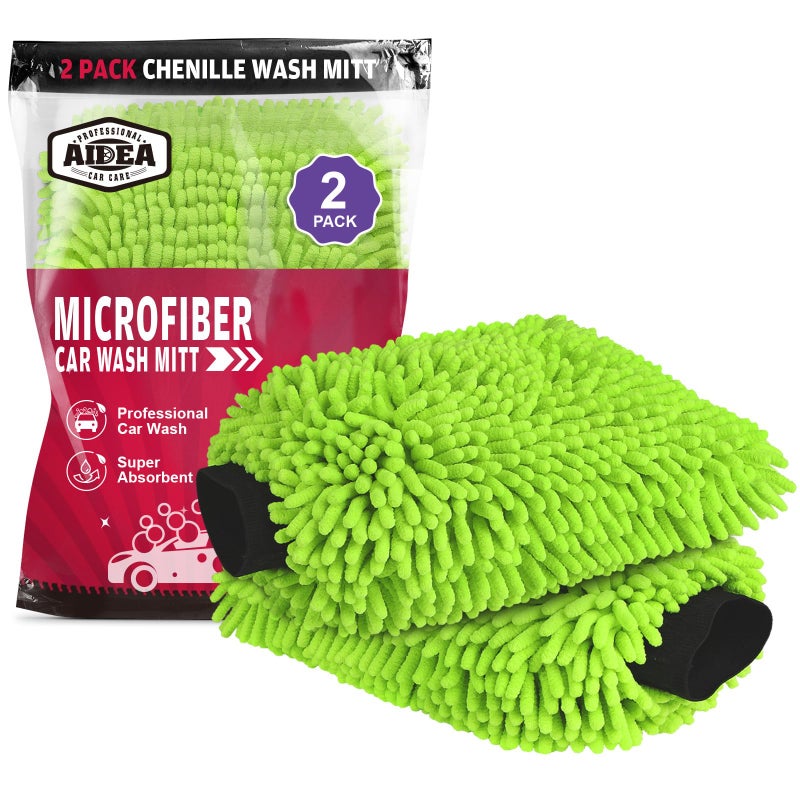 AIDEA Car Wash Mitt Microfiber, 2PK Scratch Free Lint-Free, Premium Chenille Microfiber Mitt Car Wash Brush, Green, Regular Size 7.12''X10.14'' - Image 1