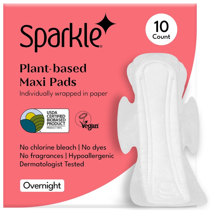 Sparkle Sanitary Pads for Women Overnight, Plant-Based Maxi Pads with Wings | Feminine Pads | Organic Pads | Period Pad Softer Than Cotton Pads, Heavy Absorbency, Unscented (Overnight Pads, 10 Count) - Image 1