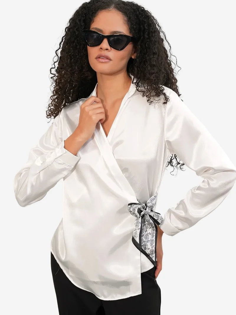 Big Dart White BDART Women's Satin Tie-Front Shirt for Women | Best Price UAE