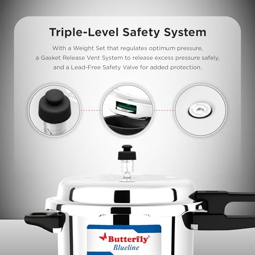 Butterfly Blueline 7.5L Pressure Cooker| Stainless Steel | Induction & Gas Stove Compatible| ISI Certified| Triple Safety System| 5 Years Warranty | Silver - Image 3