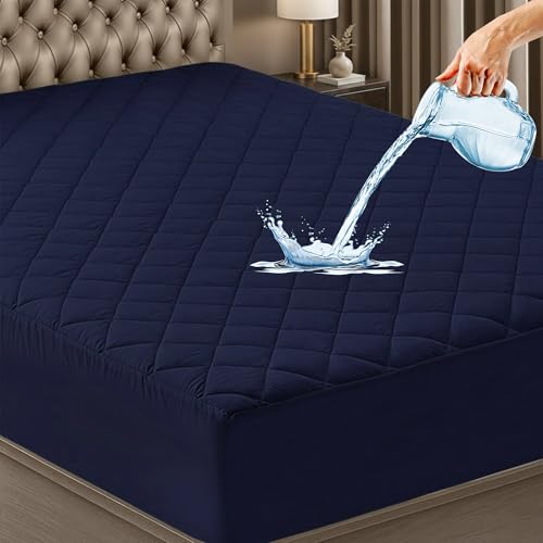 GADDA CO Premium Waterproof Queen Size Mattress Protector (72x60 Inch | 6x5 Ft) | Cotton Quilted Bed Cover | Breathable Hypoallergenic Ultra Soft Noiseless Elastic Fitted Bed Protector - Dark Blue - Image 1