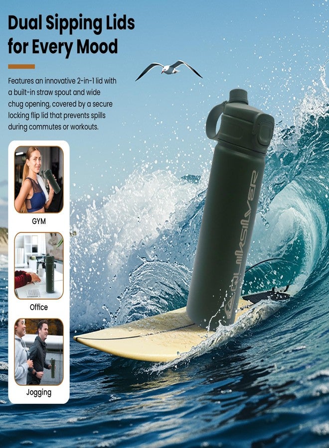 Quiksilver Laguna 32oz Tripple Wall Stainless Steel Water Bottle, Reusuable Sports Bottle with Leak-Proof Straw and Spout Lid, Non-Slip Rubber Base, Carrier Handle, 24H Hot & Cold Insulated Tumbler - Image 4