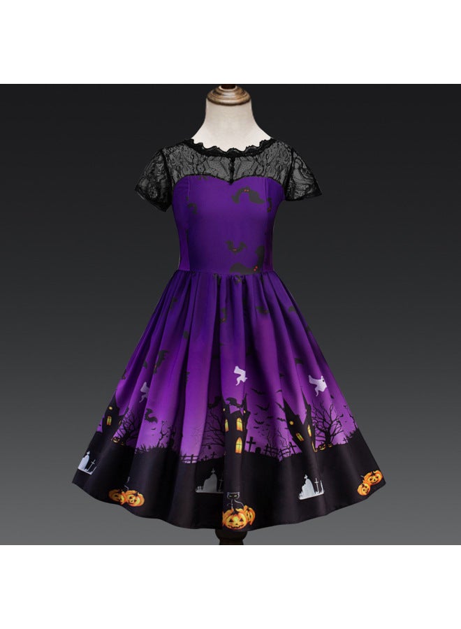 New Halloween Girls Dress Pumpkin Lantern Ghost Elf Cartoon Print Dress Children's Costume