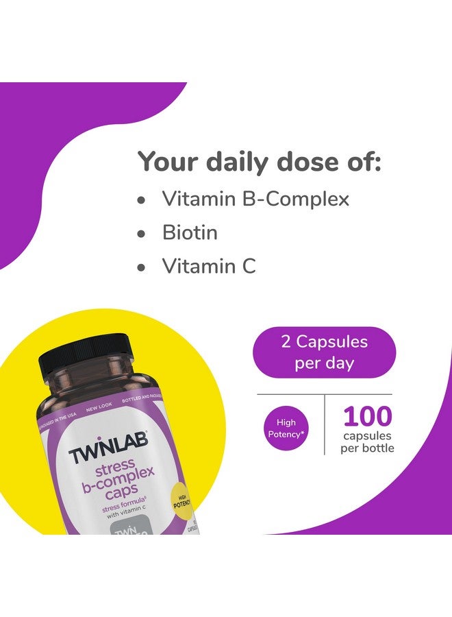 Twinlab Stress B-Complex Caps - Complete B-Complex & 1000 mg Vitamin C - Energy Support Supplement with Vitamin B12 and B6-100 Capsules (Pack of 2) - Image 3