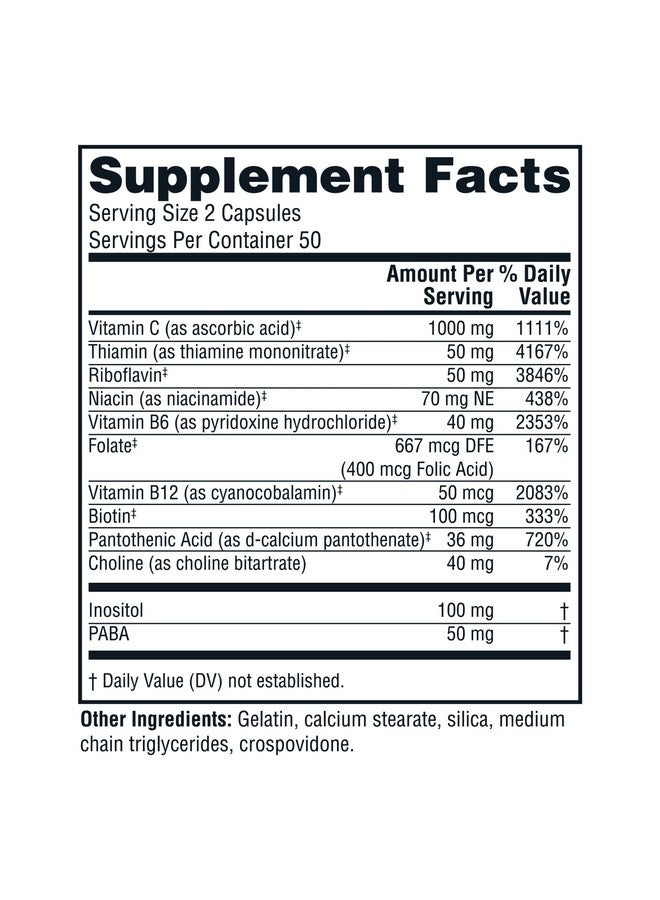 Twinlab Stress B-Complex Caps - Complete B-Complex & 1000 mg Vitamin C - Energy Support Supplement with Vitamin B12 and B6-100 Capsules (Pack of 2) - Image 2