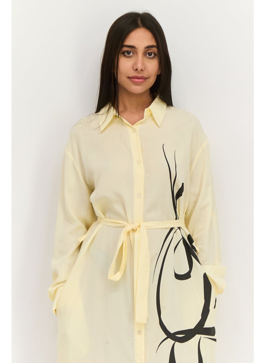 TRIUMPH - Women Graphic Print Belted Maxi Dress, Light Yellow - Image 1