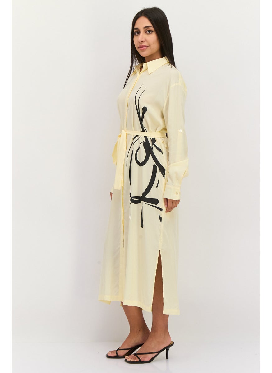 TRIUMPH - Women Graphic Print Belted Maxi Dress, Light Yellow - Image 1
