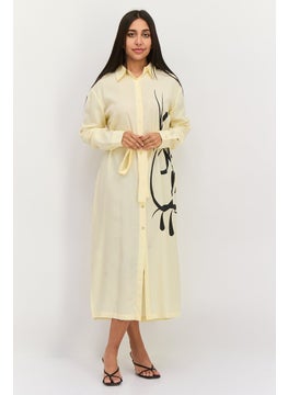 Women Graphic Print Belted Maxi Dress, Light Yellow