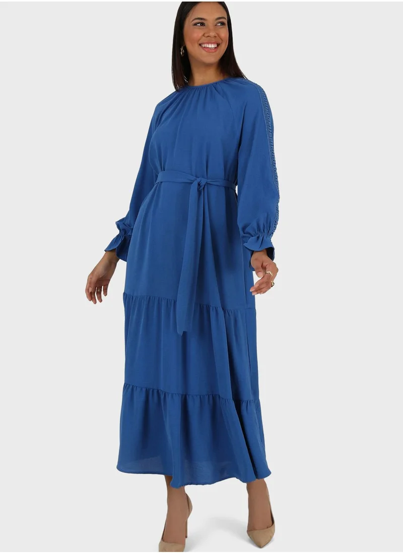 Alia by modanisa Puff Sleeve Belted Tiered Dress