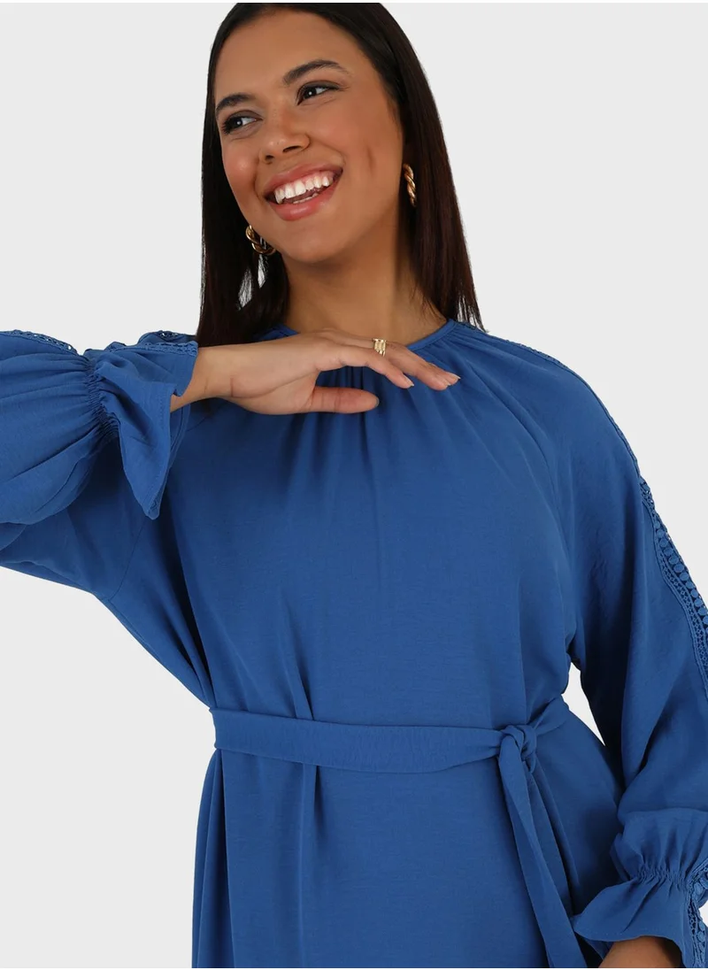 Alia by modanisa Puff Sleeve Belted Tiered Dress