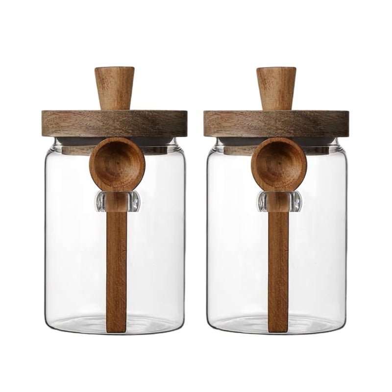 ANSQU Set of 2 Glass Food Storage Jars with Bamboo Wood Lid and Spoon 27oz Glass Kitchen Canisters for Coffee Tea Cereal Spice and Canning Mason Jars 27oz2pack
