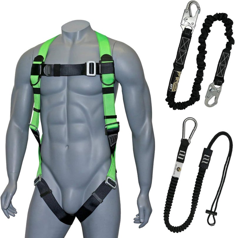 afp Universal Full-Body Fall Protection Safety Harness with Dorsal D-Ring and Mating Buckle Legs | High-Visibility Green | Shock Absorbing Lanyard & Tool Lanyard (OSHA/ANSI) - Image 1