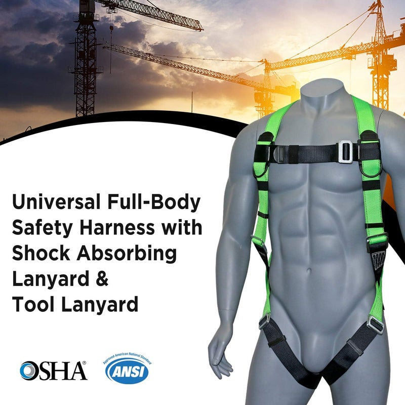 afp Universal Full-Body Fall Protection Safety Harness with Dorsal D-Ring and Mating Buckle Legs | High-Visibility Green | Shock Absorbing Lanyard & Tool Lanyard (OSHA/ANSI) - Image 2