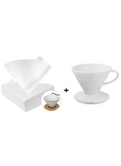 رانك  قمع تقطير V60 سيراميك 02 أبيض مع فلاتر قهوة v60 عدد 100 فلتر مقاس 02 حجم كبير ابيض  - Image 1