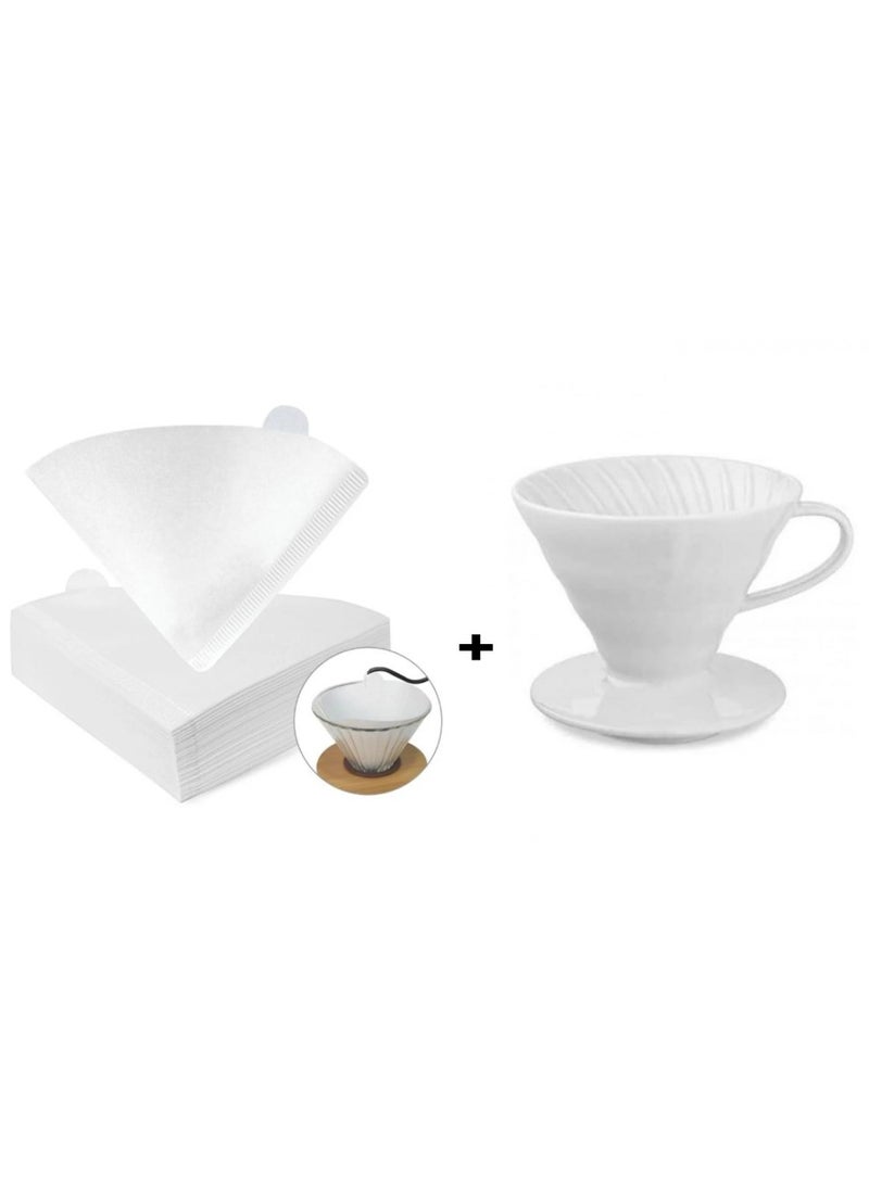 رانك  قمع تقطير V60 سيراميك 02 أبيض مع فلاتر قهوة v60 عدد 100 فلتر مقاس 02 حجم كبير ابيض  - Image 1
