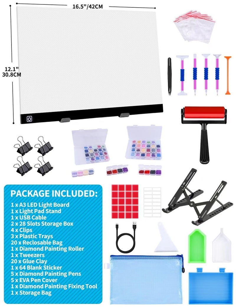 Ratukall A3 LED Light Pad for Diamond Painting,Ratukall Diamond Art Light Board Kit,Adjustable Brightness Light Box for Tracing with Diamond Painting Accessories and Tools Includes Storage Case, Pens,Stand - Image 5