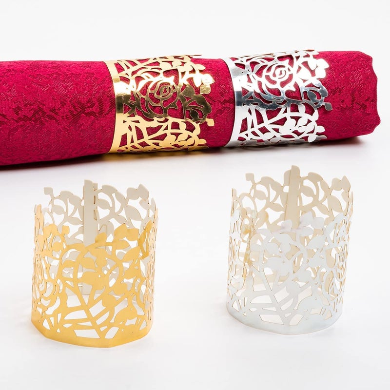 NPKRRSK 100pcs Disposable Rose Flower Paper Napkin Rings Laser Cut Foil Paper Napkin Holder, Leaf Vine Serviette Rings for Table Decoration,Christmas,Wedding,Party (Gold) - Image 5
