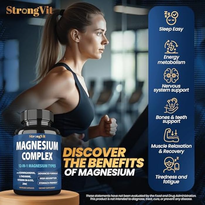 StrongVit 1000mg Magnesium Complex for Women and Men, 12 in 1 Magnesium Supplement with Ashwagandha, Zinc, D3, L-theanine. Easy to Swallow, High Absorption, Sleep Support & Stress Relief (60 Capsules) - Image 3
