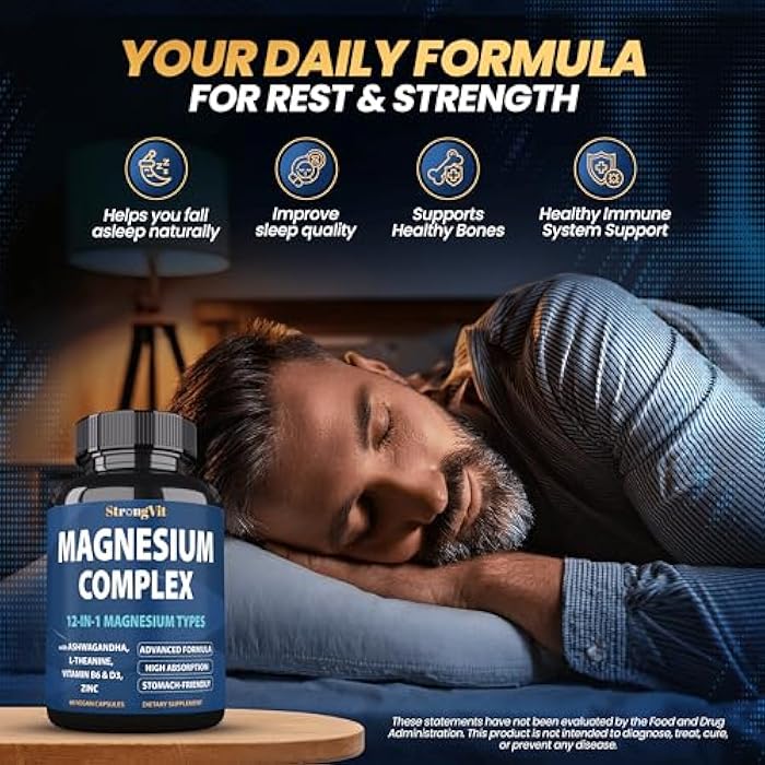 StrongVit 1000mg Magnesium Complex for Women and Men, 12 in 1 Magnesium Supplement with Ashwagandha, Zinc, D3, L-theanine. Easy to Swallow, High Absorption, Sleep Support & Stress Relief (60 Capsules) - Image 4