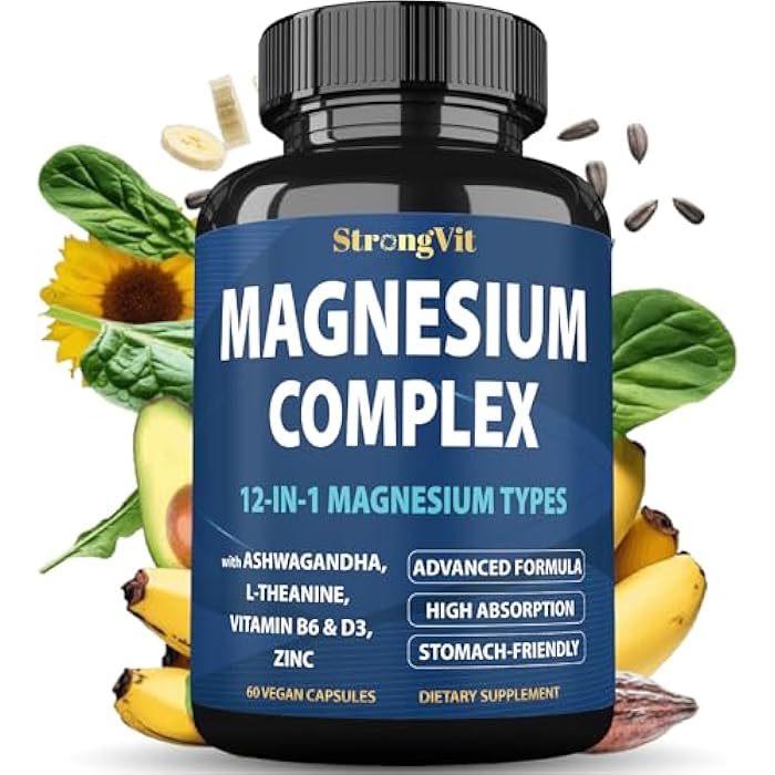 StrongVit 1000mg Magnesium Complex for Women and Men, 12 in 1 Magnesium Supplement with Ashwagandha, Zinc, D3, L-theanine. Easy to Swallow, High Absorption, Sleep Support & Stress Relief (60 Capsules) - Image 1