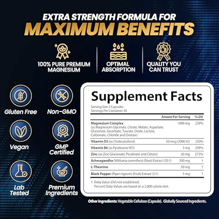 StrongVit 1000mg Magnesium Complex for Women and Men, 12 in 1 Magnesium Supplement with Ashwagandha, Zinc, D3, L-theanine. Easy to Swallow, High Absorption, Sleep Support & Stress Relief (60 Capsules) - Image 5