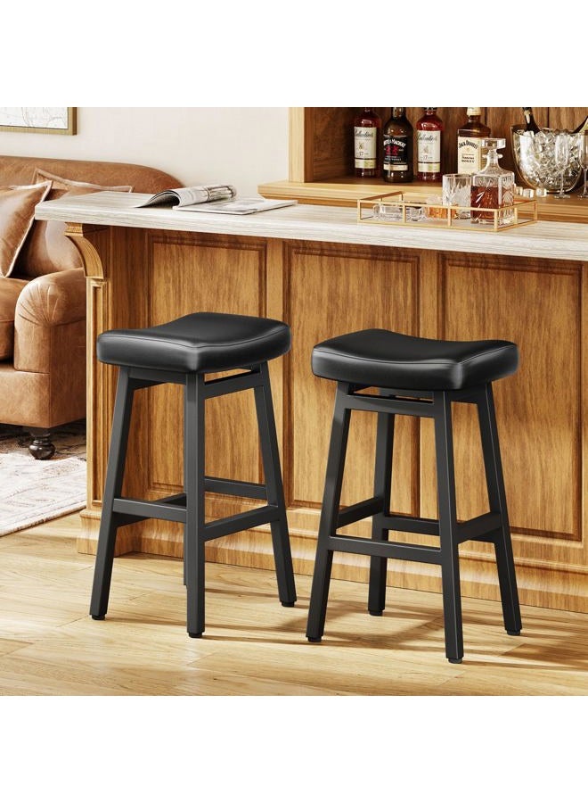 Raynesys 29 Inches Bar Stools Set of 2, Bar Height Barstools for Home Counter, Blackless Barstool with Bonded Leather Saddle Seats & Heavy Duty Metal Legs, Easy Assembly, All Black - Image 1
