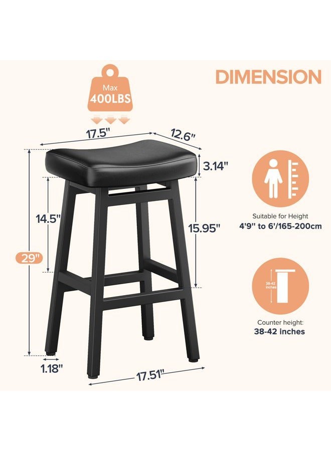 Raynesys 29 Inches Bar Stools Set of 2, Bar Height Barstools for Home Counter, Blackless Barstool with Bonded Leather Saddle Seats & Heavy Duty Metal Legs, Easy Assembly, All Black - Image 2