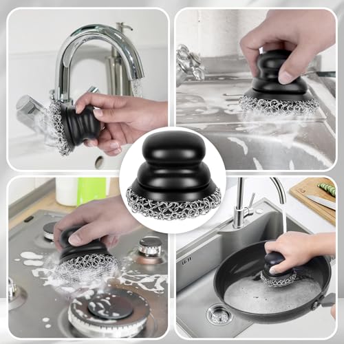 Onewly Cast Iron Scrubber and Scraper, Chain Mail Scrubber Cast Iron for Cleaning Dishes, Stock Pots, Pans, Griddles, Grills, Dish Scouring Pads - Image 5